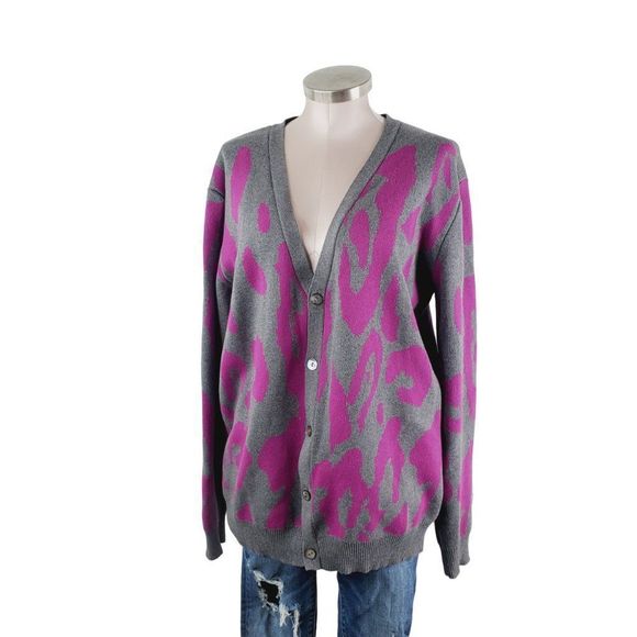 BoohooMAN Women's Grey Pink Leopard Intarsia Knitted Cardigan Sweater Size XL - Picture 1 of 9
